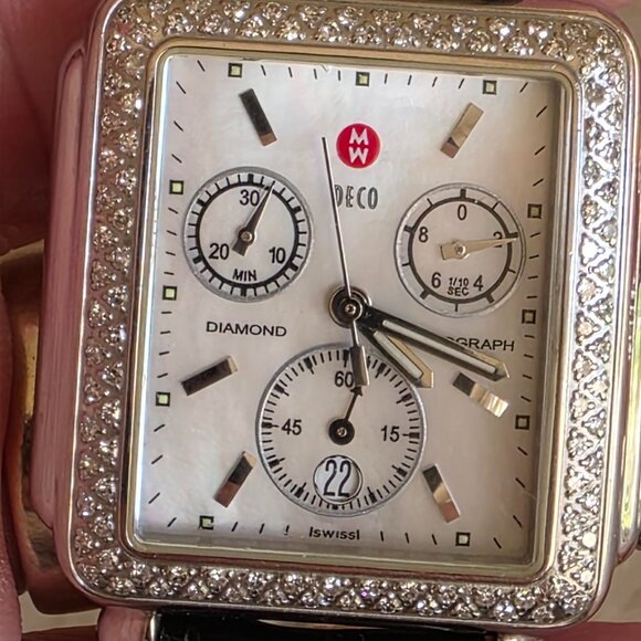 FREE@! Michele Chronograph  Diamond Women's  Alligator Leather Strap Watch - Picture 3 of 9